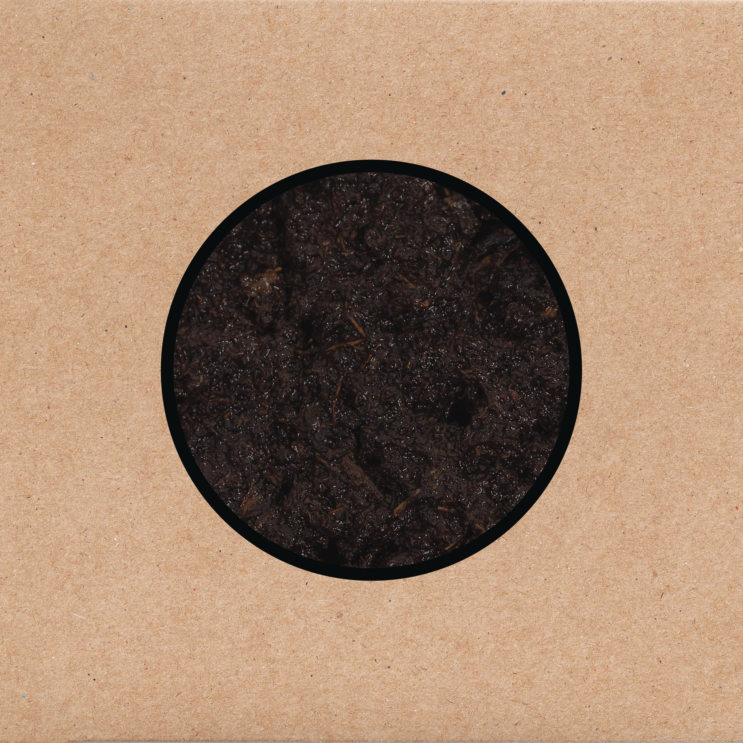 Un cerchio nero con interno marrone – forse della terra bagnata – su uno sfondo marroncino tipo cartoncino