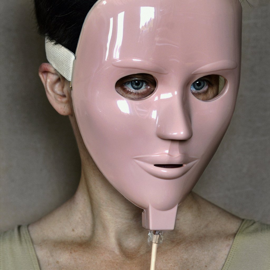 Una tipa indossa una maschera rosa probabilmente di vetroresina sulla quale si vedono dei riflessi. Le orbite della maschera sono  bucate e dunque si vedono gli occhi (azzurri) della persona che la indossa. La bocca della maschera è semi-aperta. La maschera è collegata alla testa, dietro, da un nastro bianco ben visibile sulla parte sinistra in alto della foto. Sotto il mento della maschera è collegato un cavo che sembrerebbe un cavo ethernet. La tipa è leggermente girata sul profilo destro e guarda fissa un punto sulla sinistra