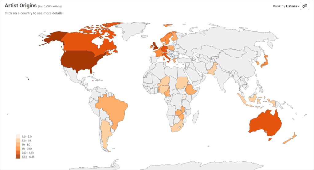 Il mappamondo, in cui gli stati sono colorati di diverse intensità di arancione a seconda del numero degli ascolti dedicato agli artisti provenienti da quello stato.